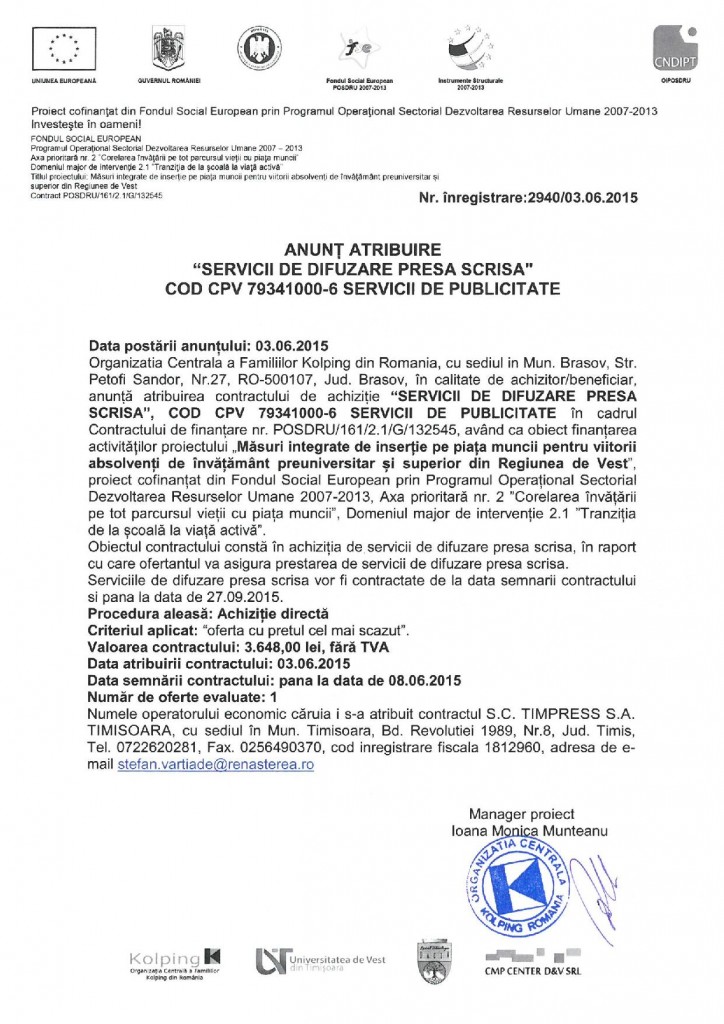ANUNT ATRIBUIRE_ACHIZITIE SERVICII DIFUZARE PRESA SCRISA