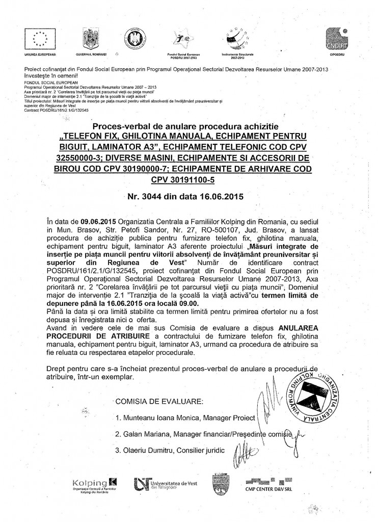 Proces Verbal_Anulare achizitie echipamente birou